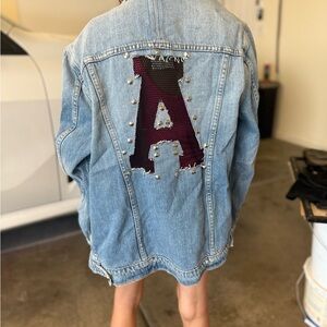 Good American Blue Denim Jacket with Burgundy Patch